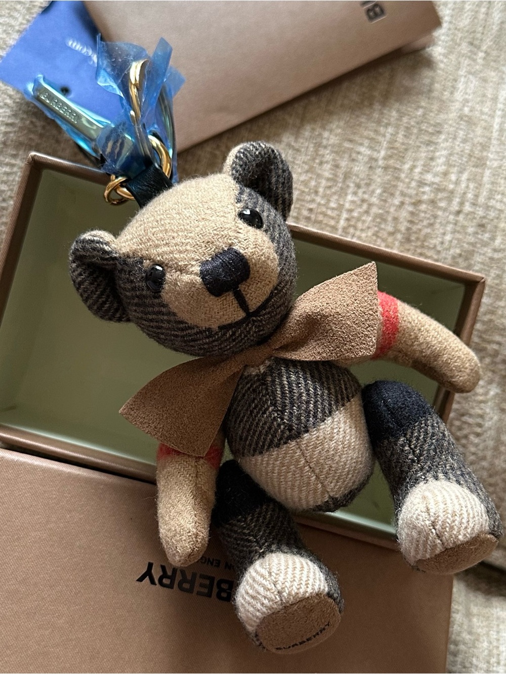 Burberry Cashmere House Check Thomas Bear Bag Charm Camel Gold